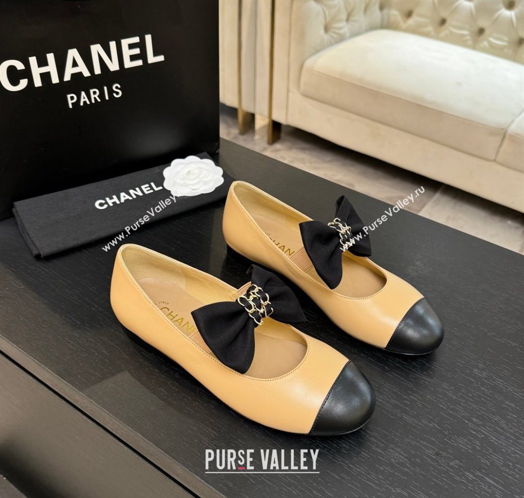 Chanel Lambskin Leather Mary Janes Ballet Flats with Bow Beige 2025 CH110303 (MD-251103072)