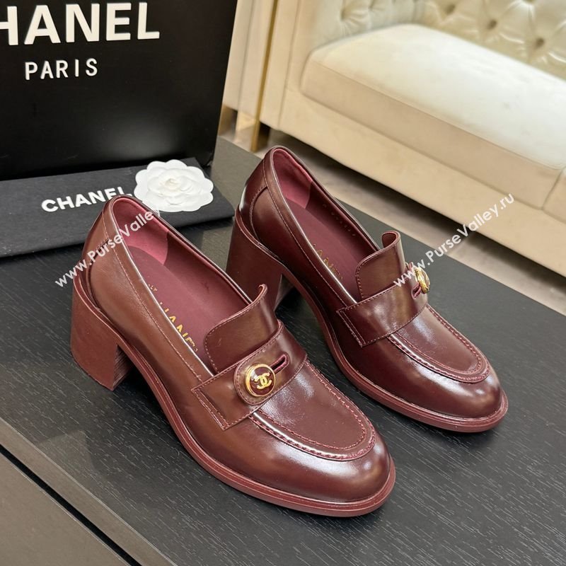 Chanel Shiny Calfskin Pumps 7cm with Button Strap Burgundy 2025 G46795 (MD-251031086)