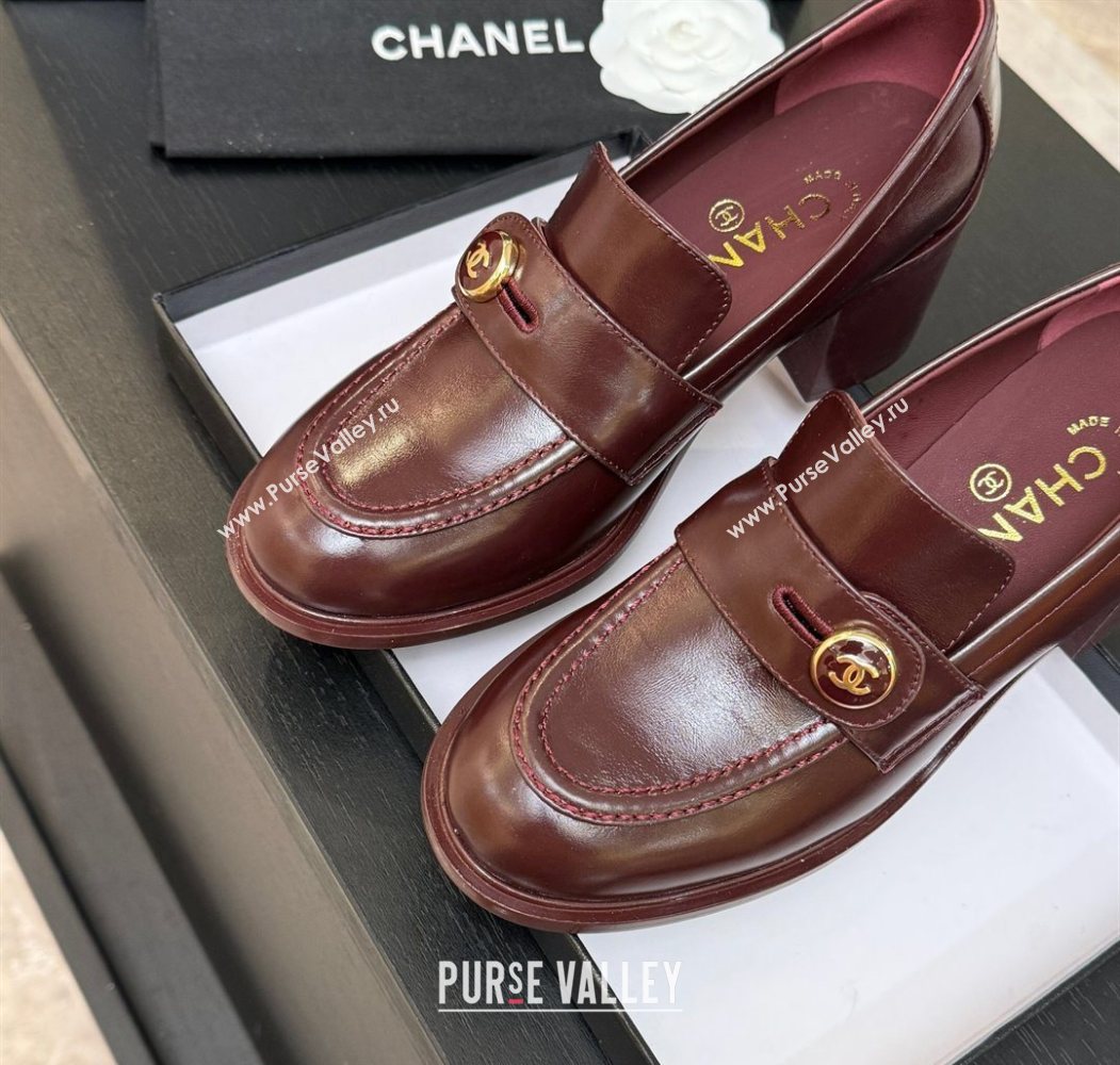 Chanel Shiny Calfskin Pumps 7cm with Button Strap Burgundy 2025 G46795 (MD-251031086)