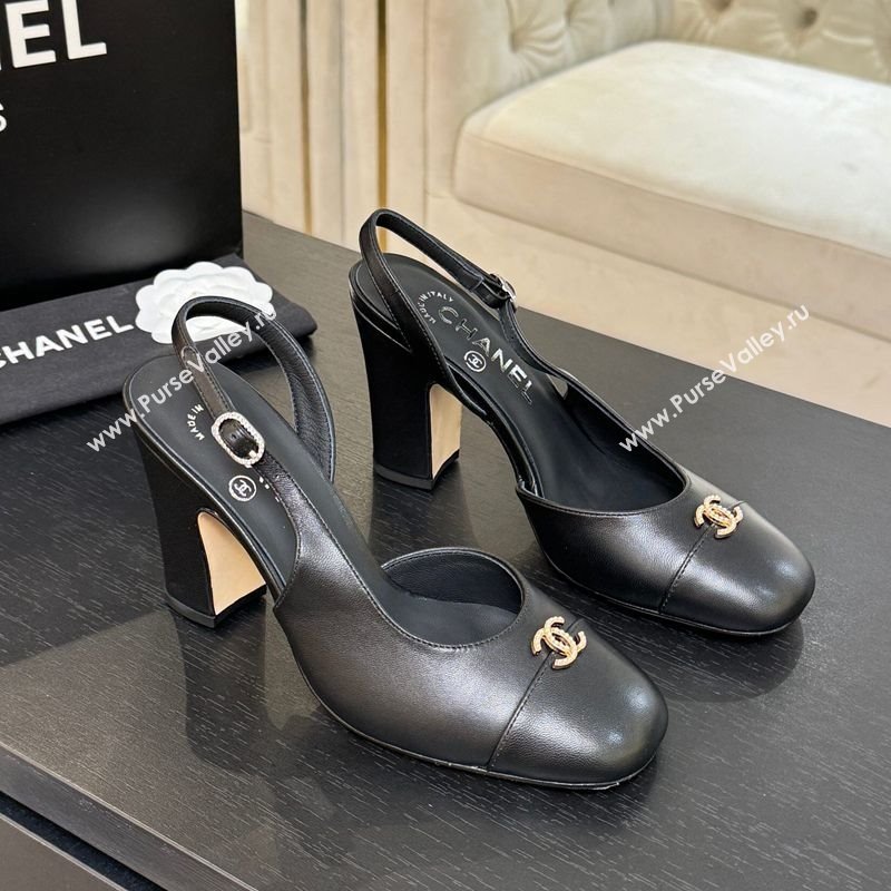 Chanel Lambskin and Calfskin Leather Slingback Pumps 9cm with Strass CC Black 2025 CH110301 (MD-251103004)