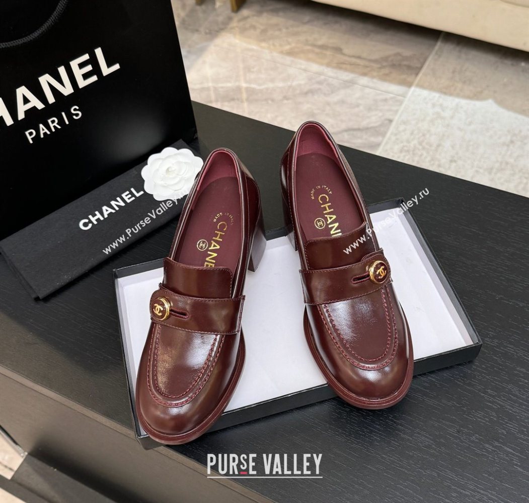 Chanel Shiny Calfskin Pumps 7cm with Button Strap Burgundy 2025 G46795 (MD-251031086)