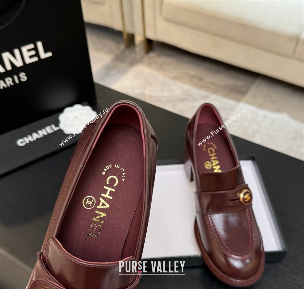 Chanel Shiny Calfskin Pumps 7cm with Button Strap Burgundy 2025 G46795 (MD-251031086)