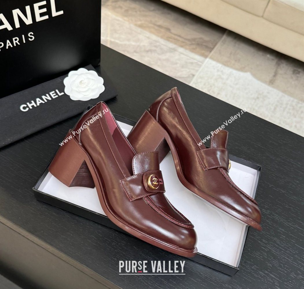 Chanel Shiny Calfskin Pumps 7cm with Button Strap Burgundy 2025 G46795 (MD-251031086)