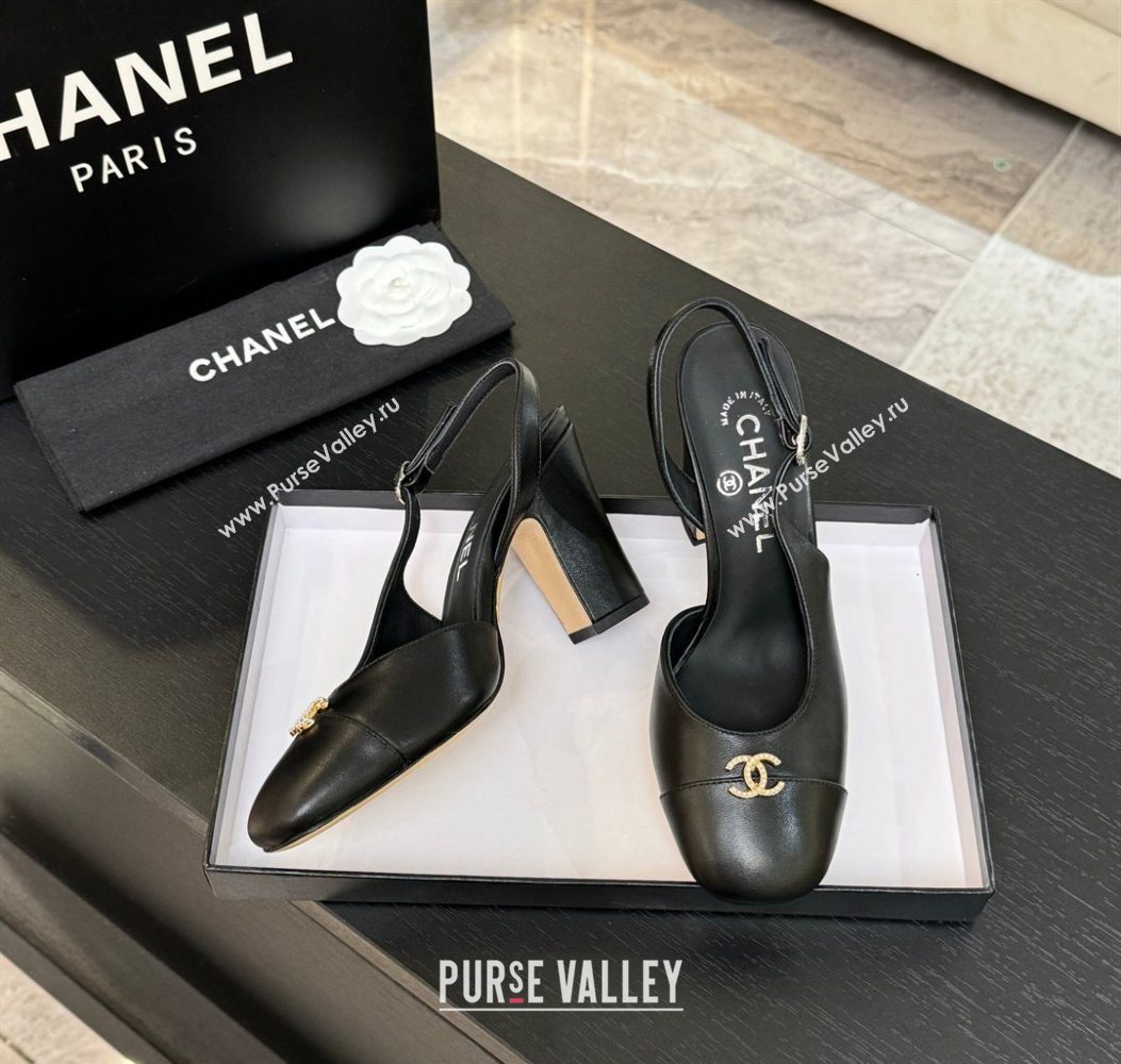 Chanel Lambskin and Calfskin Leather Slingback Pumps 9cm with Strass CC Black 2025 CH110301 (MD-251103004)