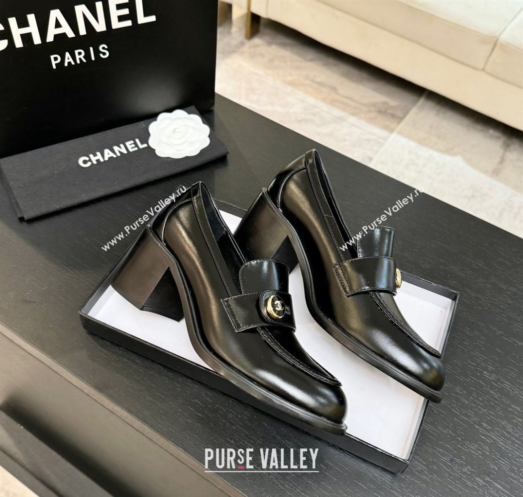 Chanel Shiny Calfskin Pumps 7cm with Button Strap Black 2025 G46795 (MD-251031088)