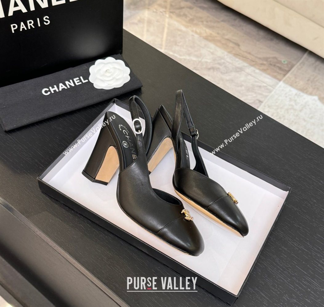 Chanel Lambskin and Calfskin Leather Slingback Pumps 9cm with Strass CC Black 2025 CH110301 (MD-251103004)