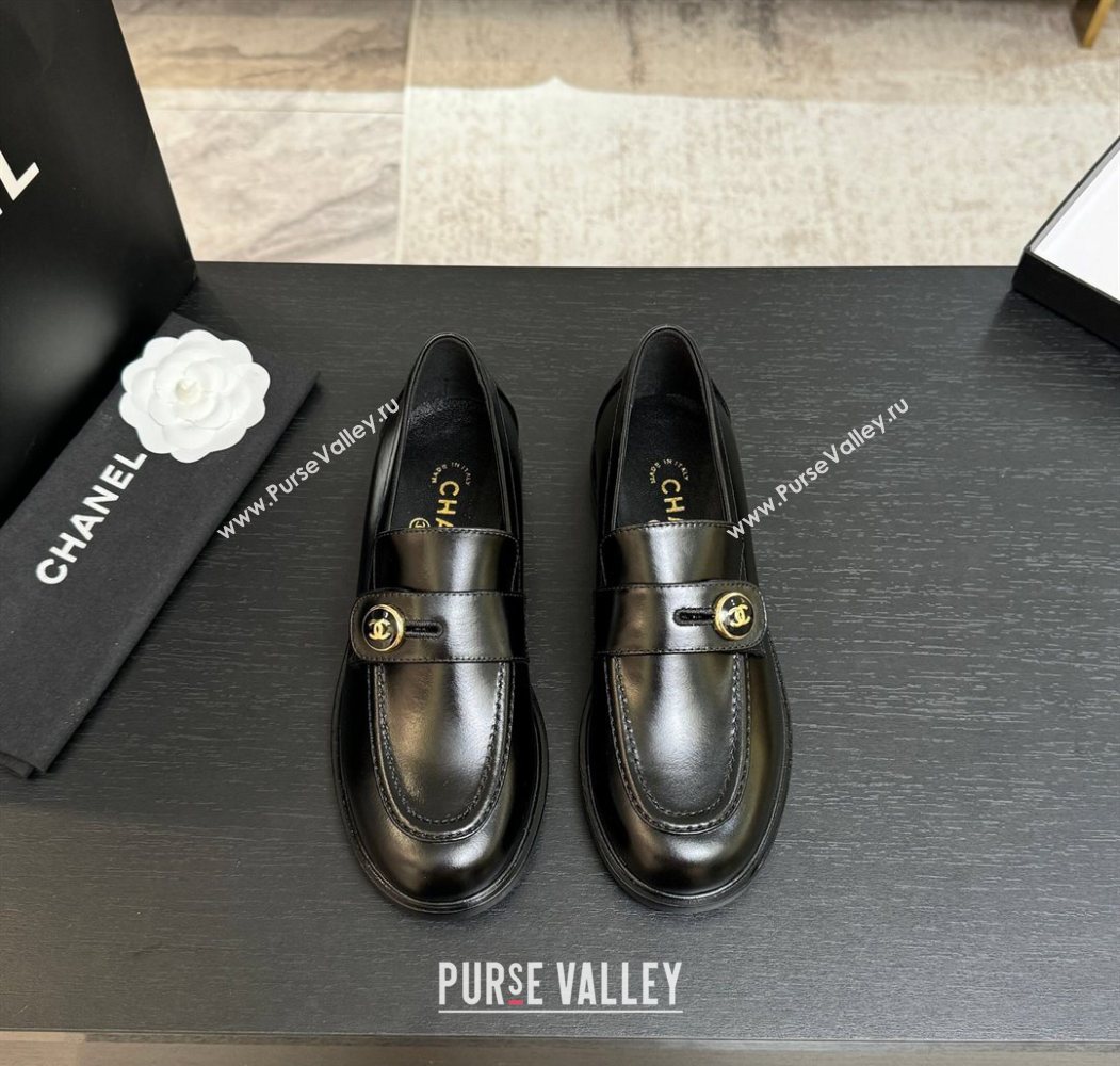 Chanel Shiny Calfskin Loafers with Button Strap Black 2025 G46796 (MD-251031092)