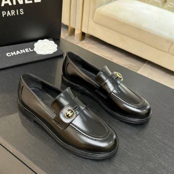 Chanel Shiny Calfskin Loafers with Button Strap Black 2025 G46796 (MD-251031092)