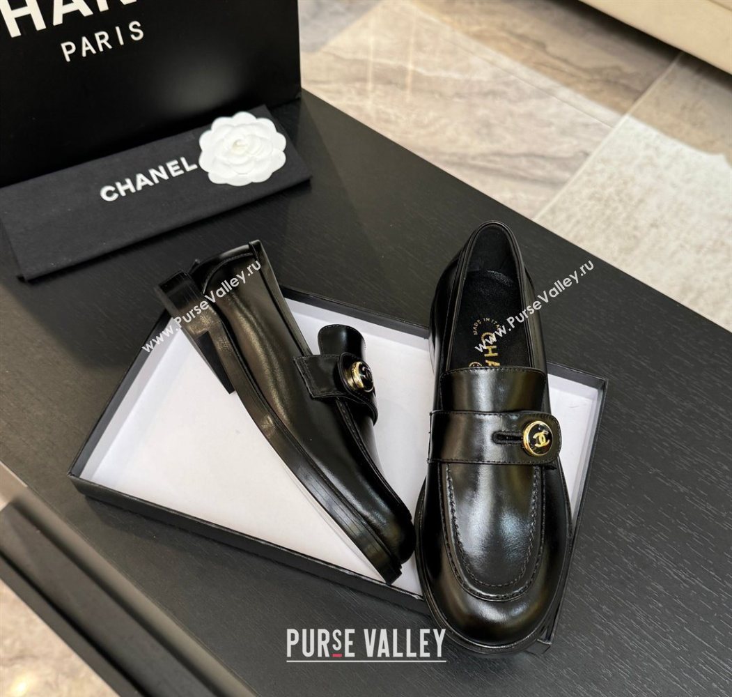 Chanel Shiny Calfskin Loafers with Button Strap Black 2025 G46796 (MD-251031092)