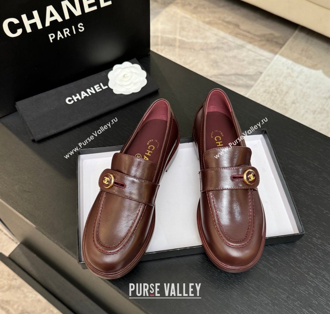 Chanel Shiny Calfskin Loafers with Button Strap Burgundy 2025 G46796 (MD-251031093)