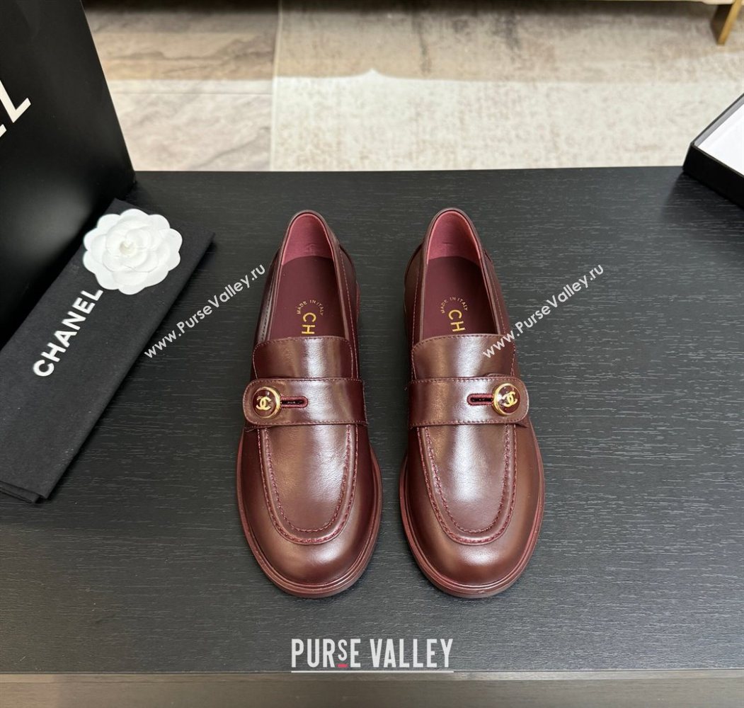Chanel Shiny Calfskin Loafers with Button Strap Burgundy 2025 G46796 (MD-251031093)