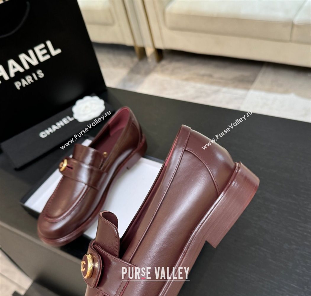 Chanel Shiny Calfskin Loafers with Button Strap Burgundy 2025 G46796 (MD-251031093)