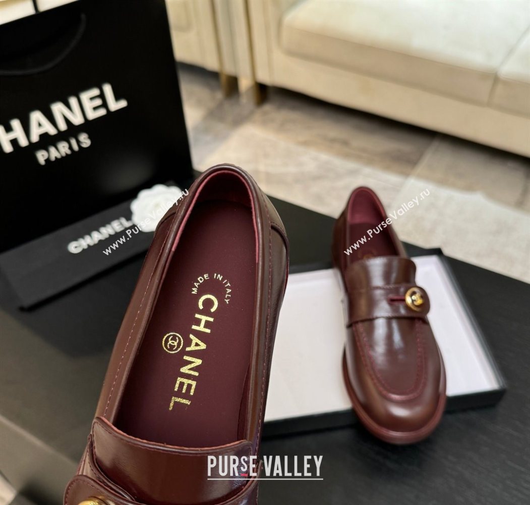 Chanel Shiny Calfskin Loafers with Button Strap Burgundy 2025 G46796 (MD-251031093)