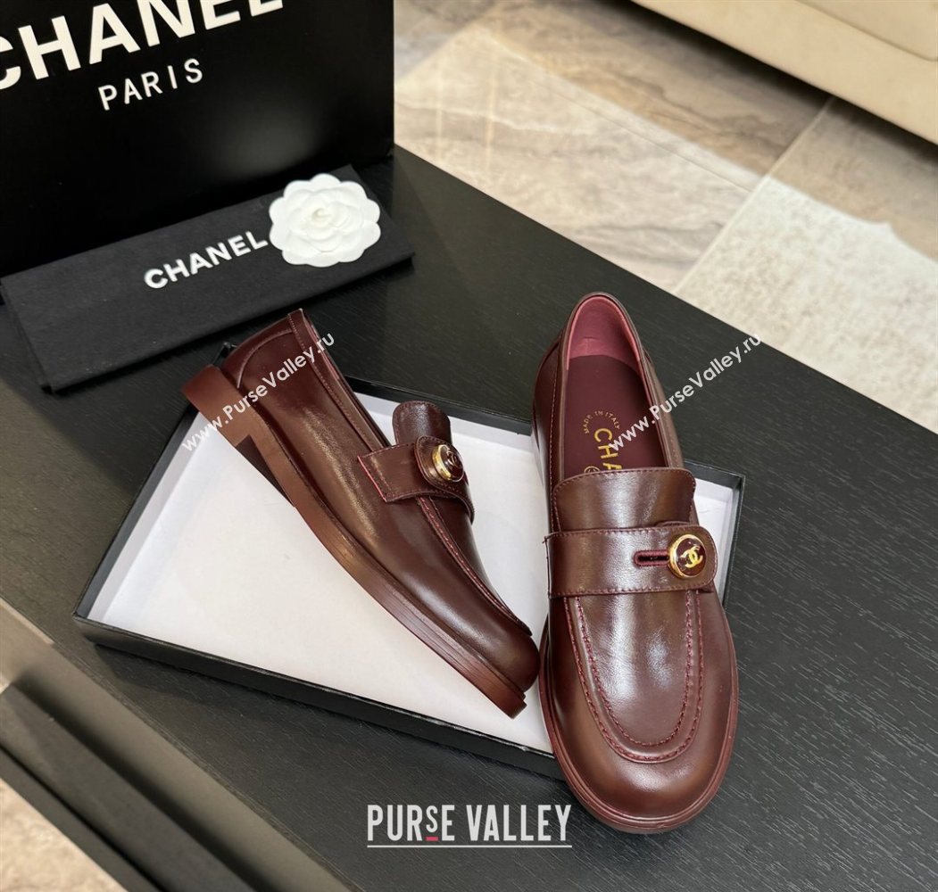 Chanel Shiny Calfskin Loafers with Button Strap Burgundy 2025 G46796 (MD-251031093)
