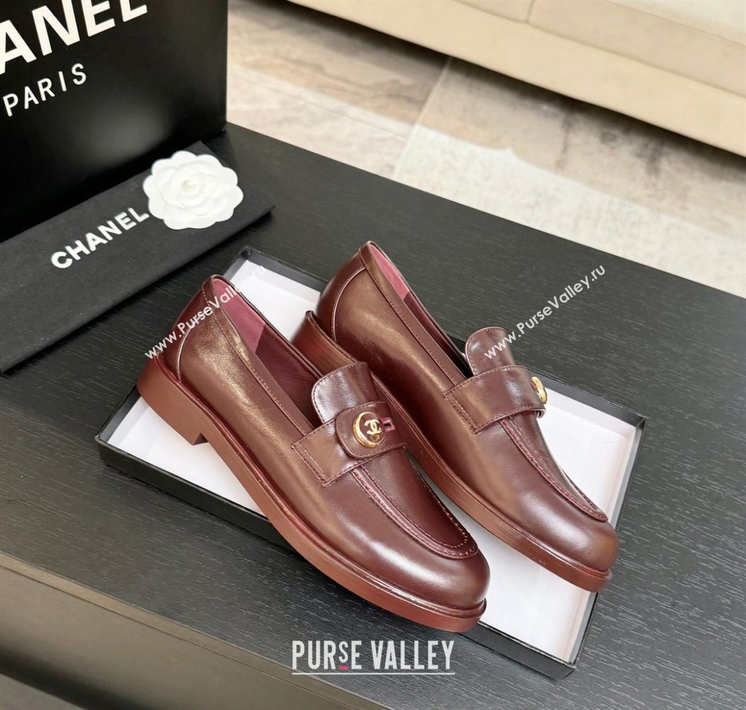 Chanel Shiny Calfskin Loafers with Button Strap Burgundy 2025 G46796 (MD-251031093)