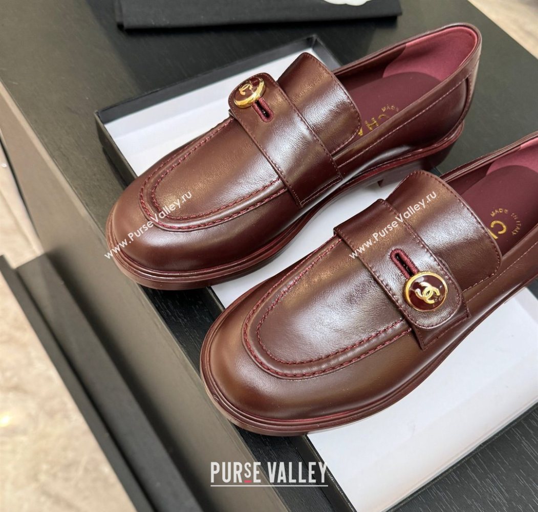 Chanel Shiny Calfskin Loafers with Button Strap Burgundy 2025 G46796 (MD-251031093)