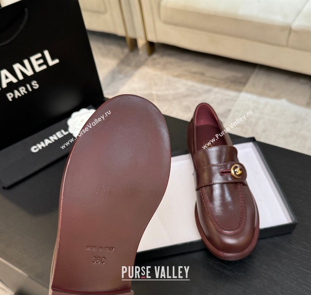 Chanel Shiny Calfskin Loafers with Button Strap Burgundy 2025 G46796 (MD-251031093)