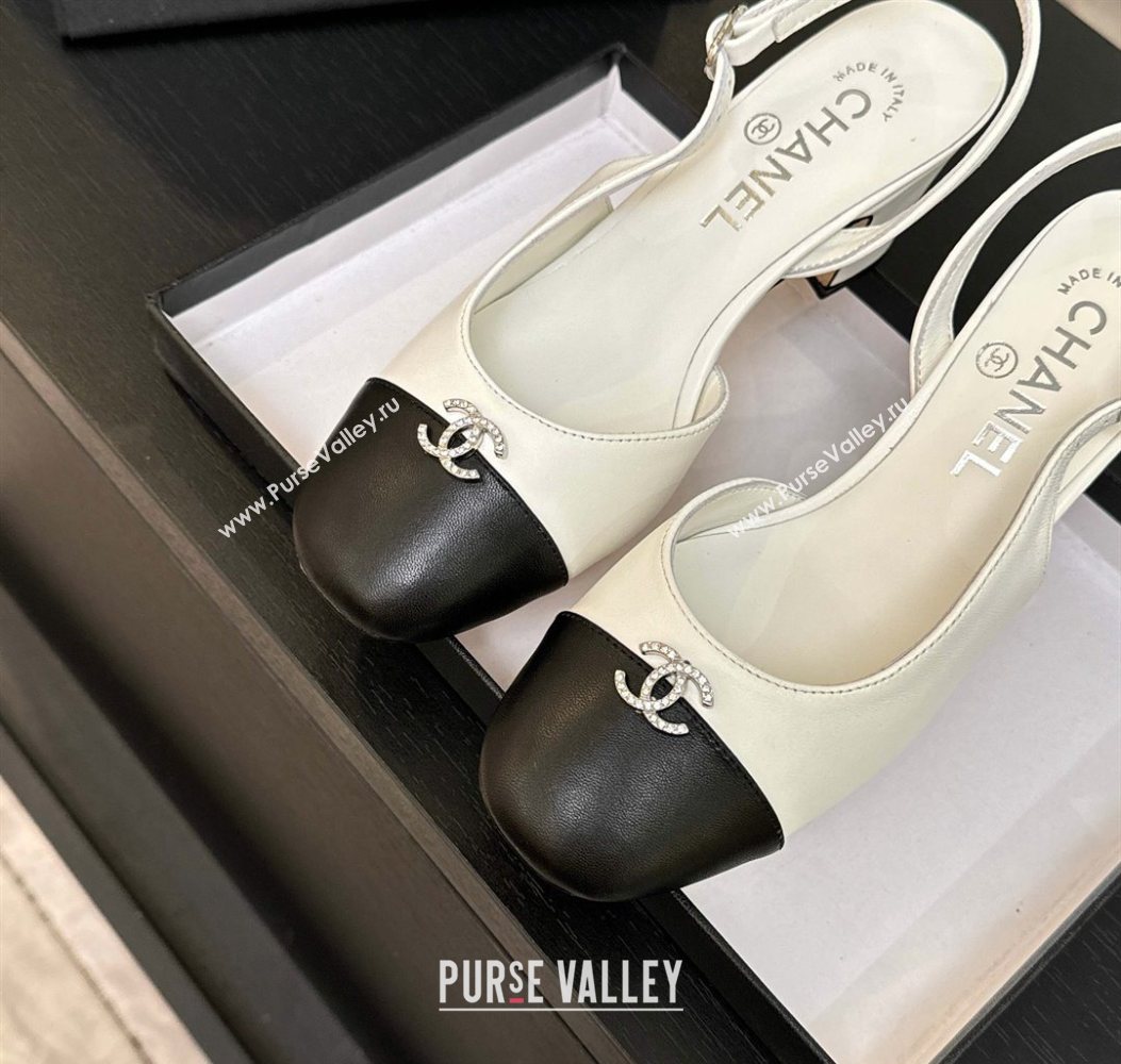 Chanel Lambskin and Calfskin Leather Slingback Pumps 6.5cm with Strass CC White 2025 CH110301 (MD-251103005)