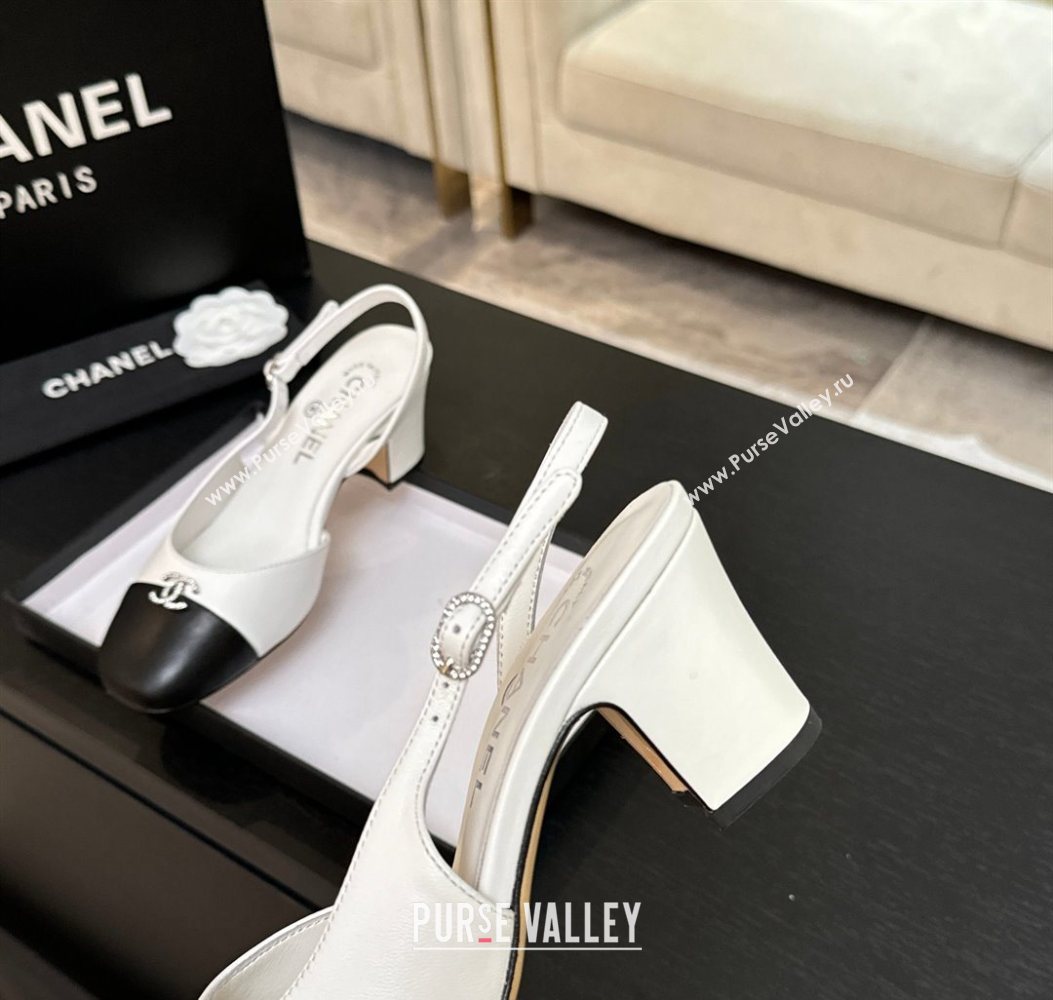 Chanel Lambskin and Calfskin Leather Slingback Pumps 6.5cm with Strass CC White 2025 CH110301 (MD-251103005)