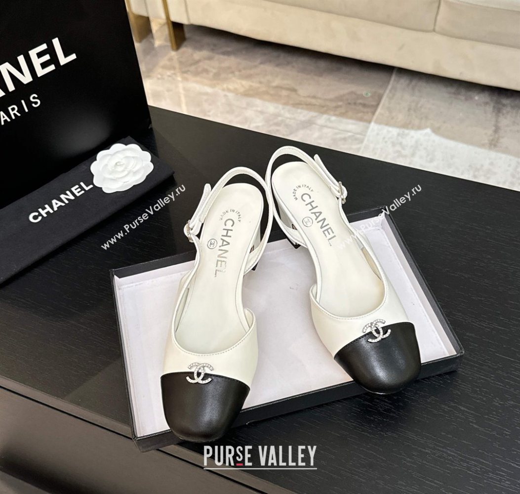 Chanel Lambskin and Calfskin Leather Slingback Pumps 6.5cm with Strass CC White 2025 CH110301 (MD-251103005)