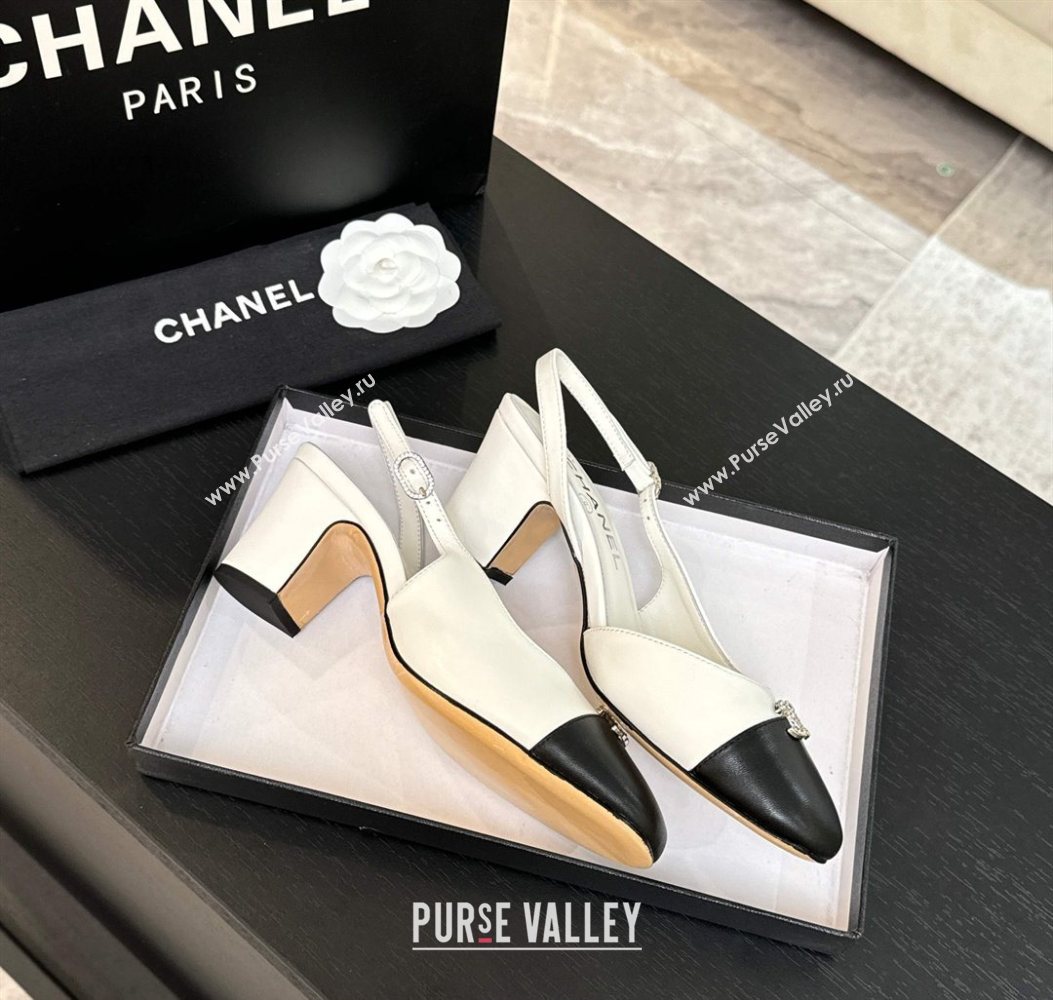 Chanel Lambskin and Calfskin Leather Slingback Pumps 6.5cm with Strass CC White 2025 CH110301 (MD-251103005)