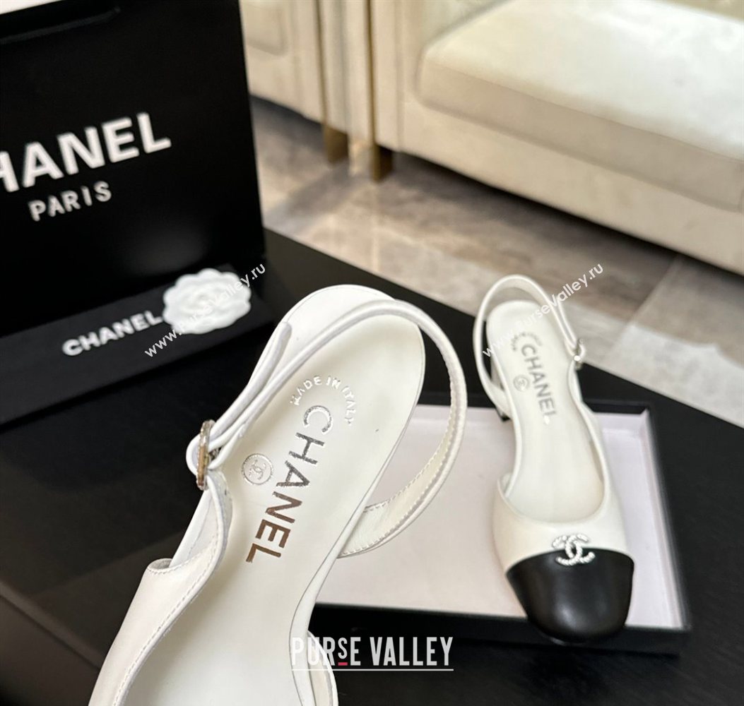 Chanel Lambskin and Calfskin Leather Slingback Pumps 6.5cm with Strass CC White 2025 CH110301 (MD-251103005)