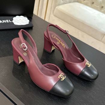 Chanel Lambskin and Calfskin Leather Slingback Pumps 6.5cm with Strass CC Burgundy 2025 CH110301 (MD-251103006)
