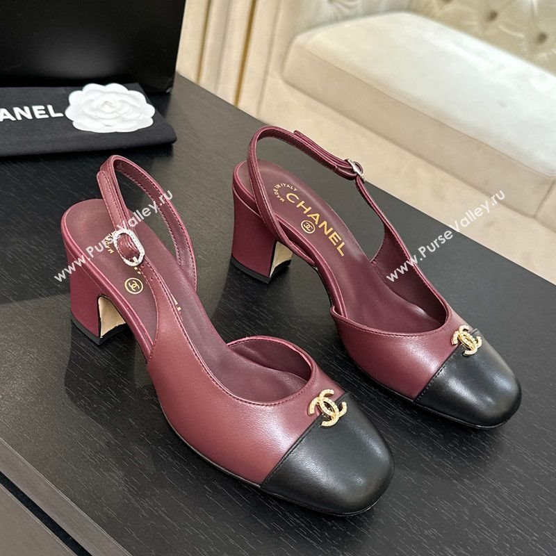 Chanel Lambskin and Calfskin Leather Slingback Pumps 6.5cm with Strass CC Burgundy 2025 CH110301 (MD-251103006)