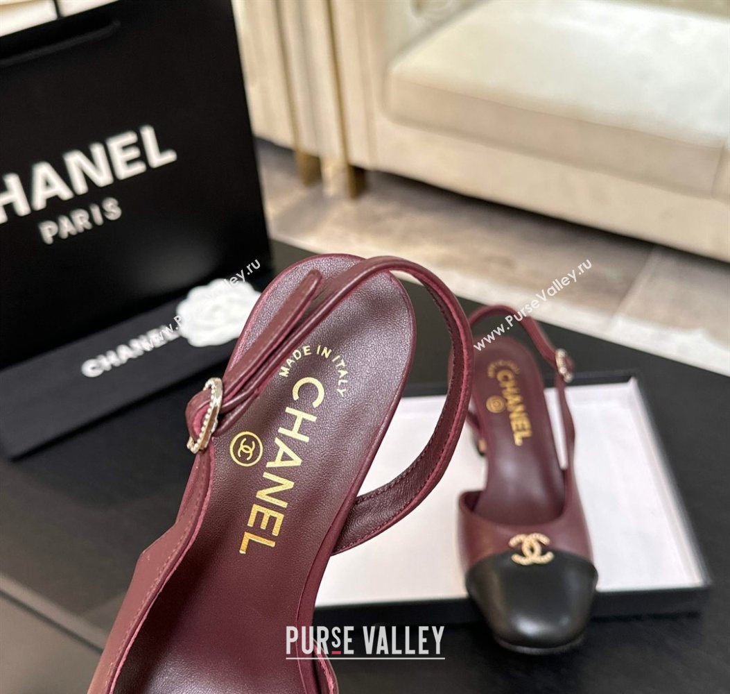 Chanel Lambskin and Calfskin Leather Slingback Pumps 6.5cm with Strass CC Burgundy 2025 CH110301 (MD-251103006)
