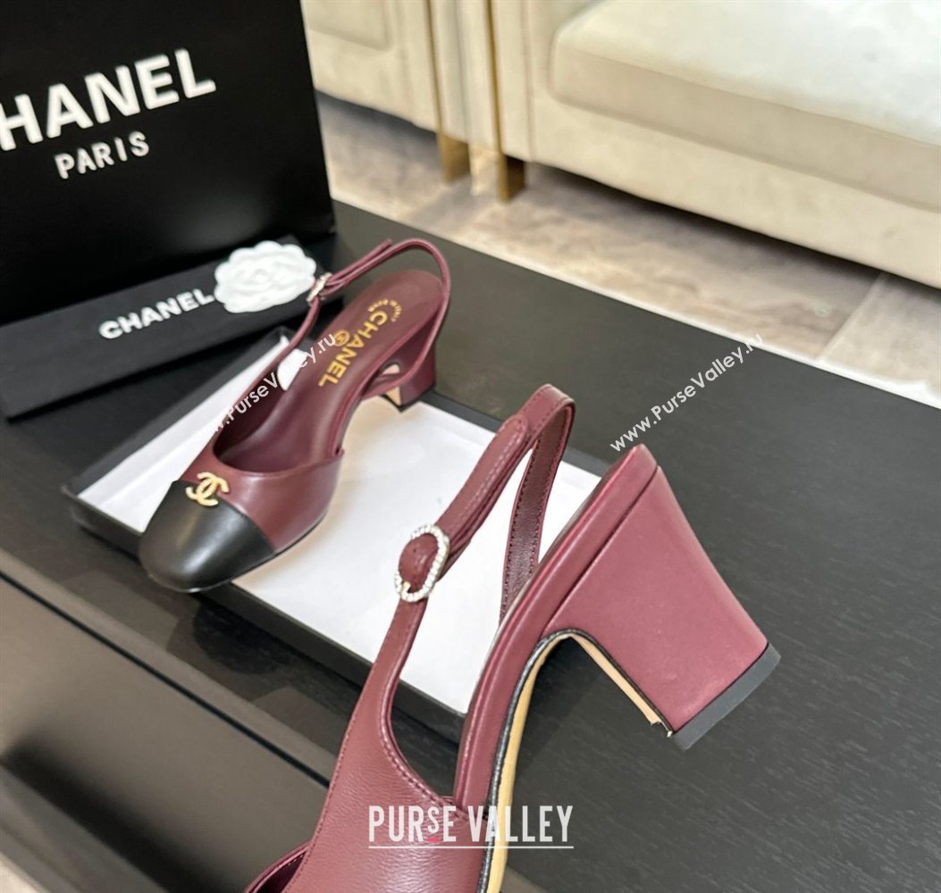 Chanel Lambskin and Calfskin Leather Slingback Pumps 6.5cm with Strass CC Burgundy 2025 CH110301 (MD-251103006)