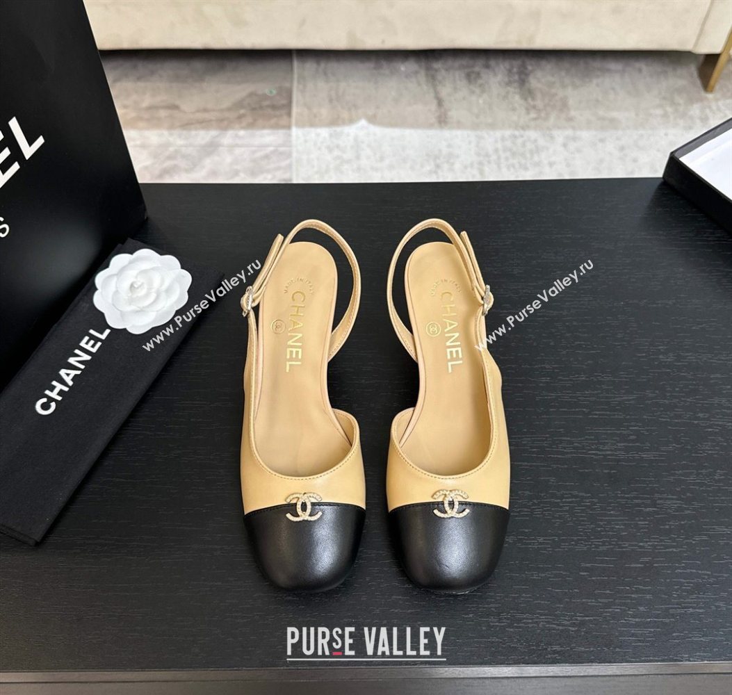 Chanel Lambskin and Calfskin Leather Slingback Pumps 6.5cm with Strass CC Beige 2025 CH110301 (MD-251103007)