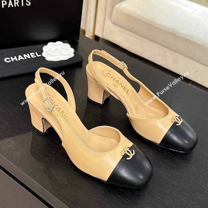 Chanel Lambskin and Calfskin Leather Slingback Pumps 6.5cm with Strass CC Beige 2025 CH110301 (MD-251103007)