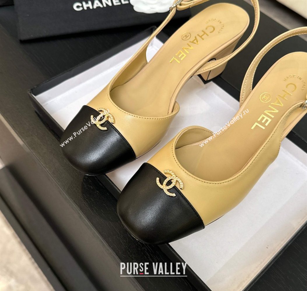 Chanel Lambskin and Calfskin Leather Slingback Pumps 6.5cm with Strass CC Beige 2025 CH110301 (MD-251103007)
