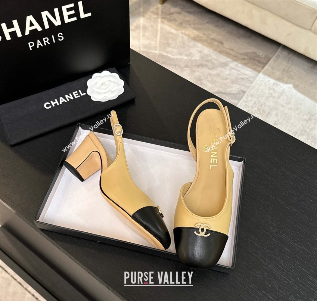 Chanel Lambskin and Calfskin Leather Slingback Pumps 6.5cm with Strass CC Beige 2025 CH110301 (MD-251103007)