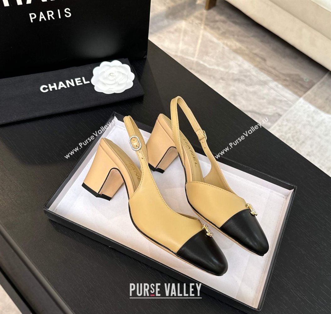 Chanel Lambskin and Calfskin Leather Slingback Pumps 6.5cm with Strass CC Beige 2025 CH110301 (MD-251103007)
