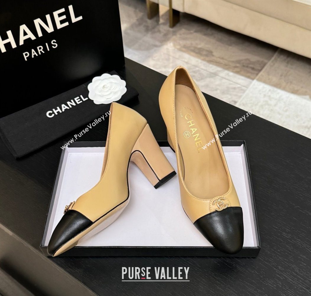 Chanel Lambskin Leather Pumps 9cm with CC Tag Beige 2025 G46441 2 (MD-251103014)