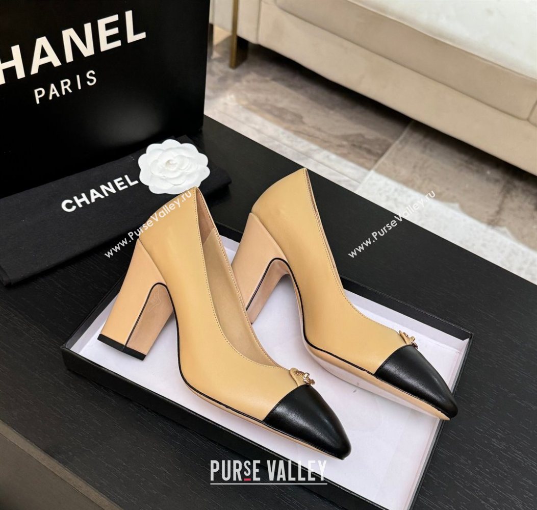 Chanel Lambskin Leather Pumps 9cm with CC Tag Beige 2025 G46441 2 (MD-251103014)