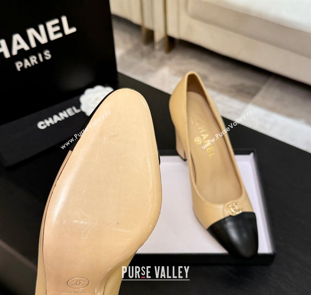 Chanel Lambskin Leather Pumps 9cm with CC Tag Beige 2025 G46441 2 (MD-251103014)