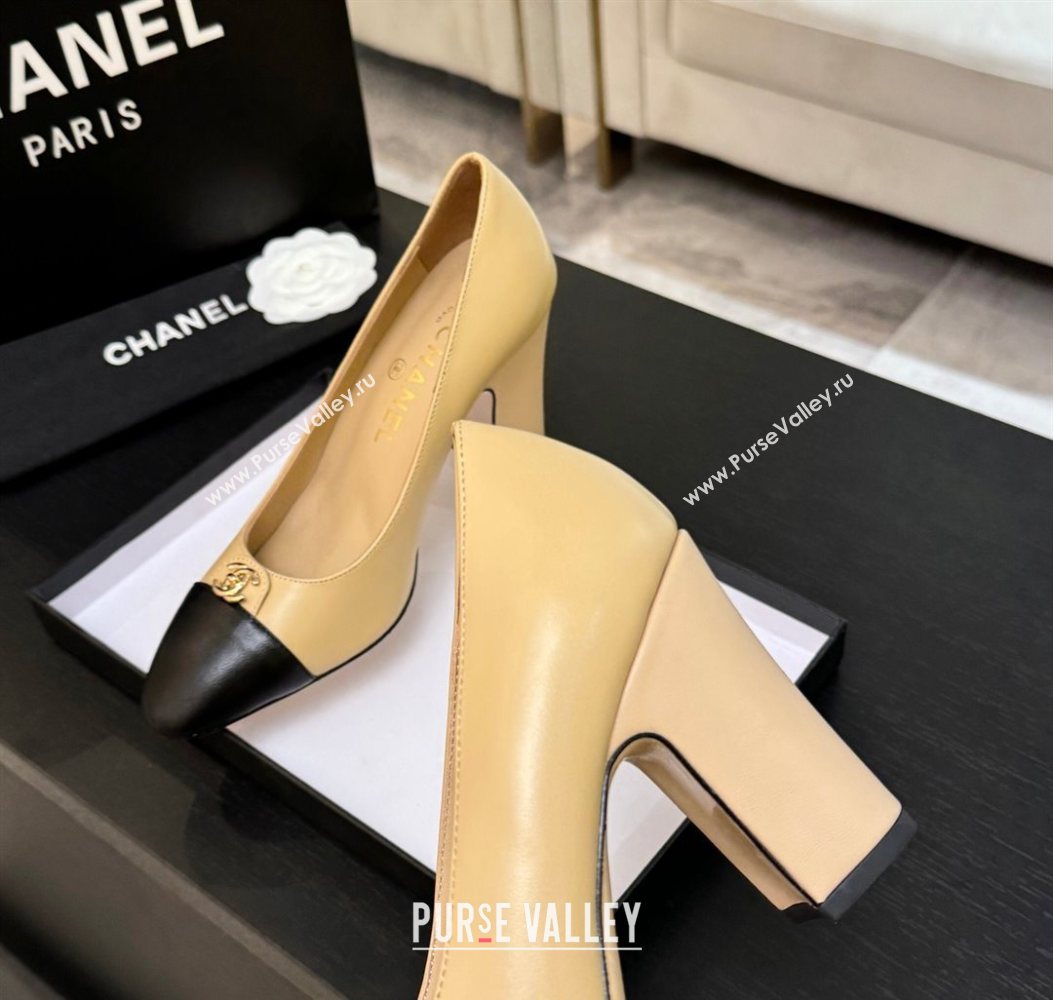 Chanel Lambskin Leather Pumps 9cm with CC Tag Beige 2025 G46441 2 (MD-251103014)