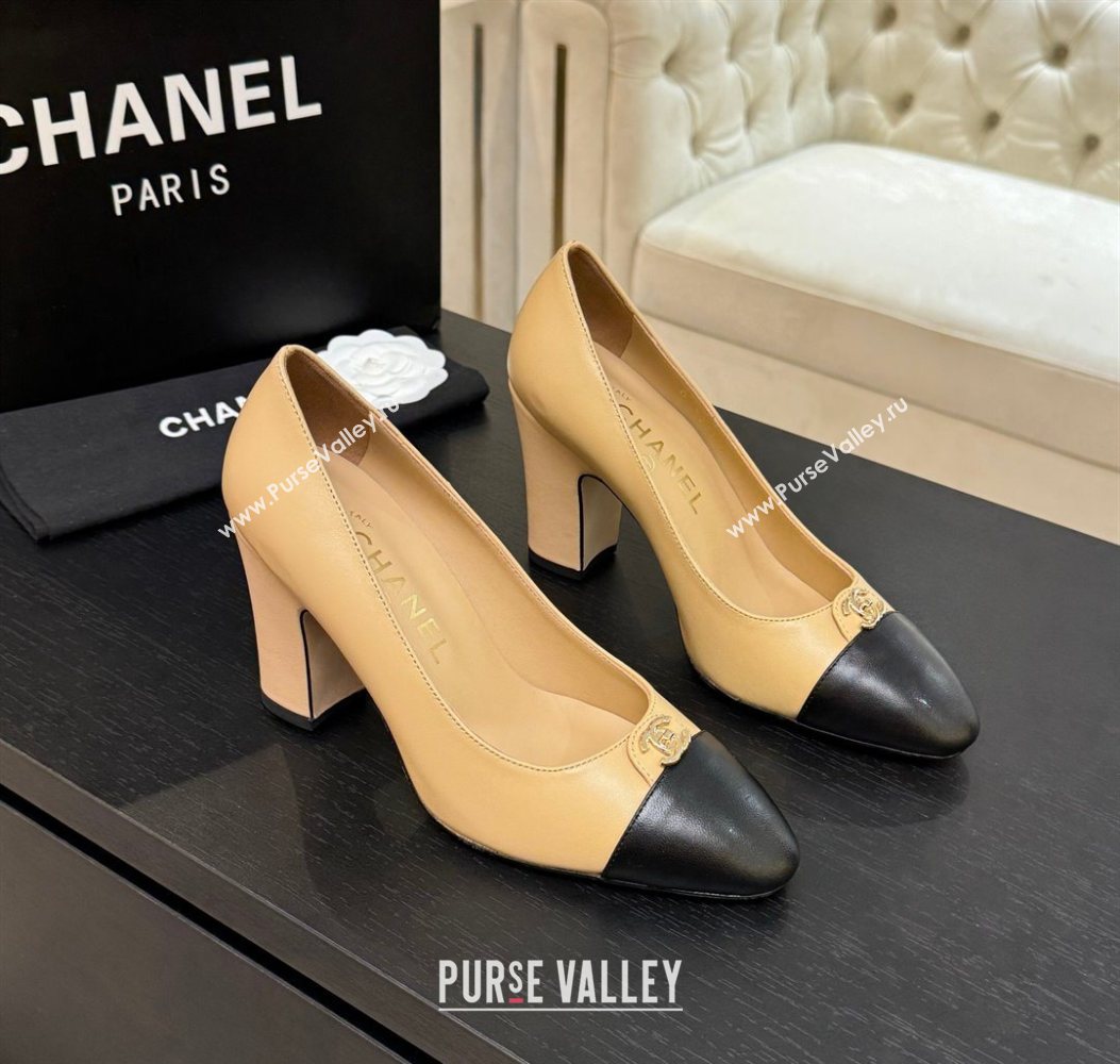 Chanel Lambskin Leather Pumps 9cm with CC Tag Beige 2025 G46441 2 (MD-251103014)