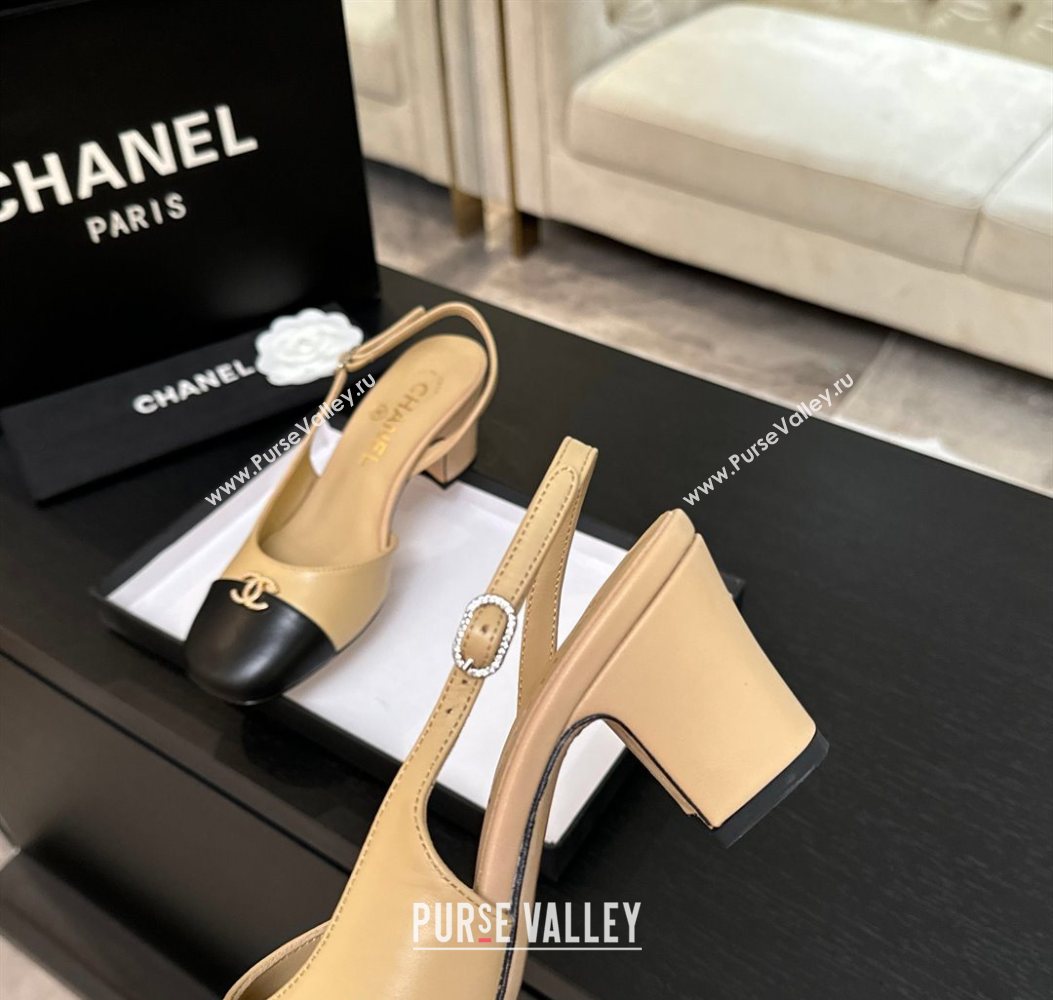 Chanel Lambskin and Calfskin Leather Slingback Pumps 6.5cm with Strass CC Beige 2025 CH110301 (MD-251103007)