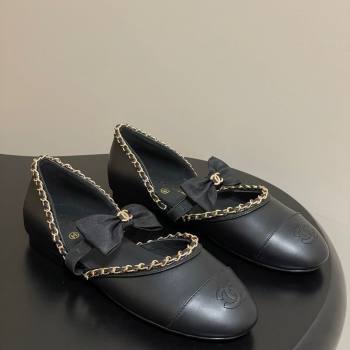 Chanel Lambskin Mary Janes Ballets Flat with Bow and Chain Black 2025 G46701 (MD-251103053)