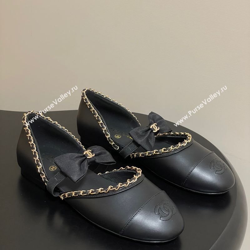 Chanel Lambskin Mary Janes Ballets Flat with Bow and Chain Black 2025 G46701 (MD-251103053)