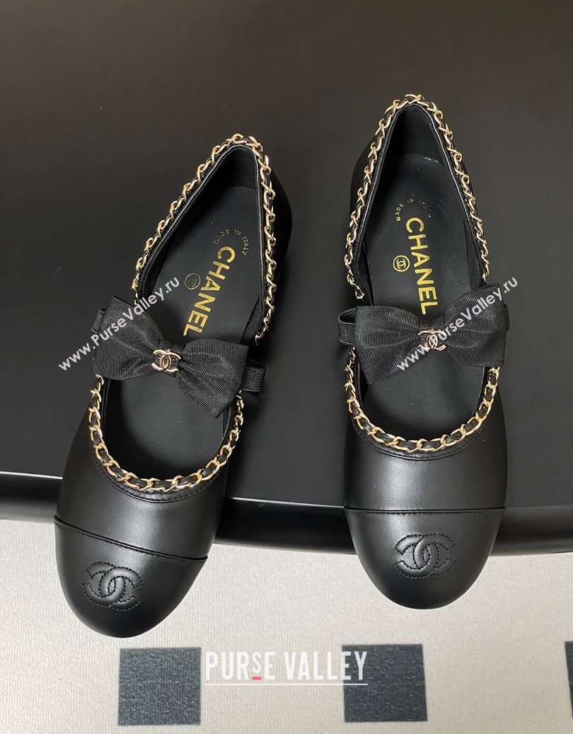 Chanel Lambskin Mary Janes Ballets Flat with Bow and Chain Black 2025 G46701 (MD-251103053)
