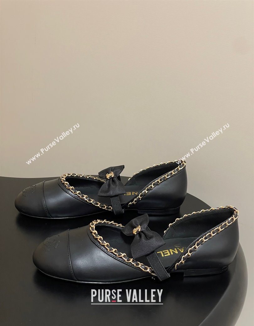 Chanel Lambskin Mary Janes Ballets Flat with Bow and Chain Black 2025 G46701 (MD-251103053)