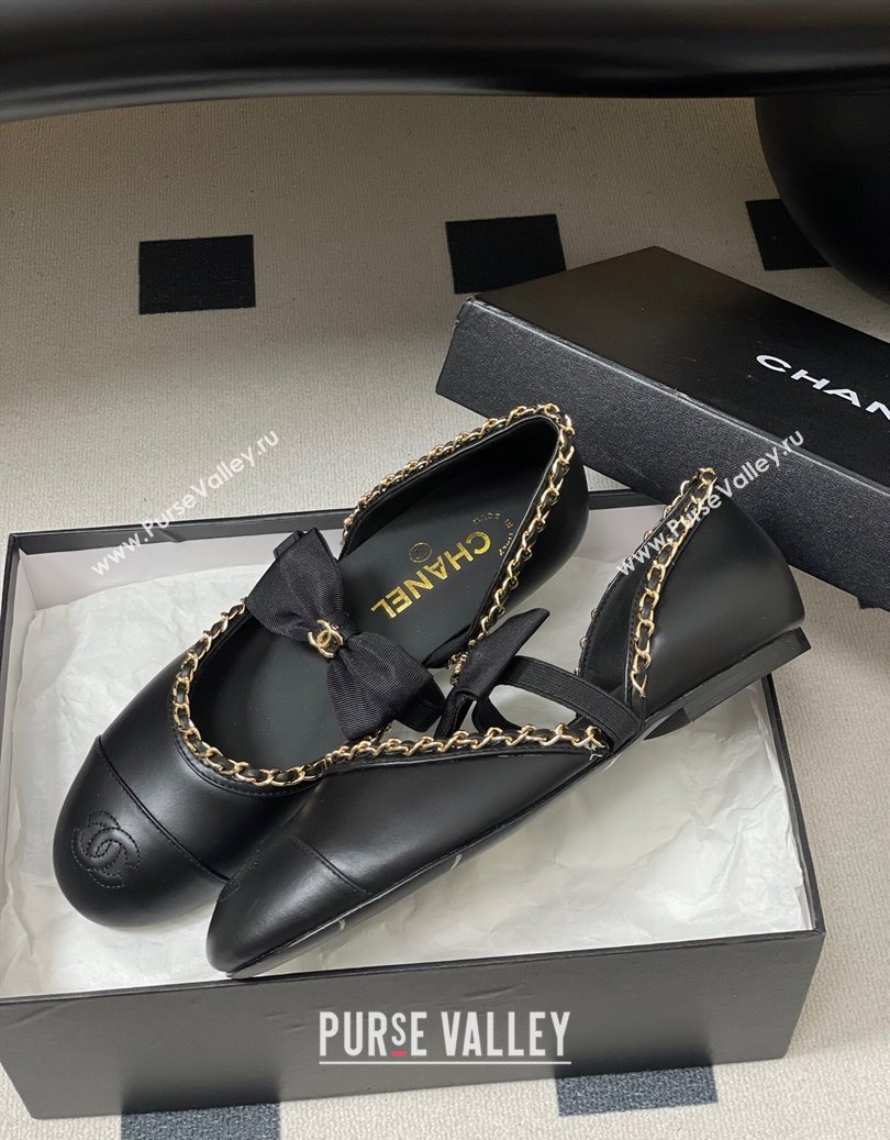 Chanel Lambskin Mary Janes Ballets Flat with Bow and Chain Black 2025 G46701 (MD-251103053)