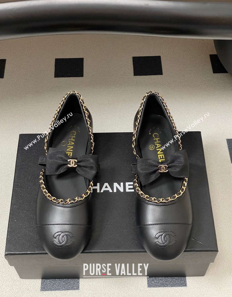 Chanel Lambskin Mary Janes Ballets Flat with Bow and Chain Black 2025 G46701 (MD-251103053)