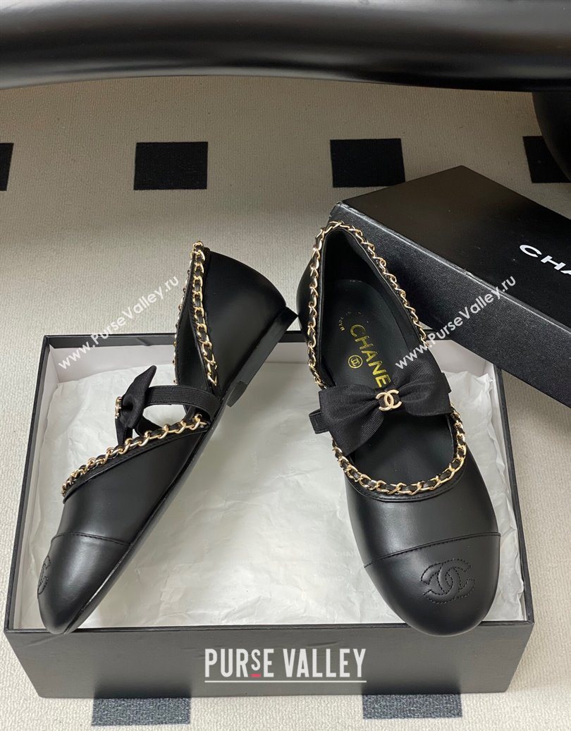 Chanel Lambskin Mary Janes Ballets Flat with Bow and Chain Black 2025 G46701 (MD-251103053)