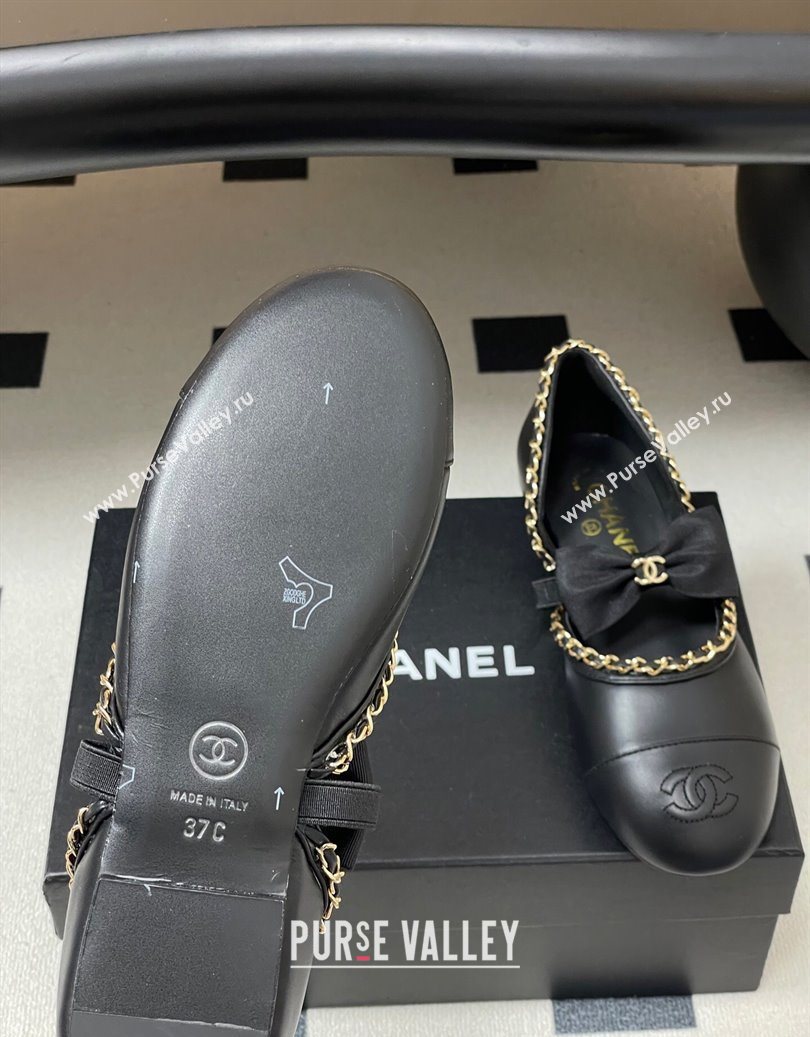 Chanel Lambskin Mary Janes Ballets Flat with Bow and Chain Black 2025 G46701 (MD-251103053)