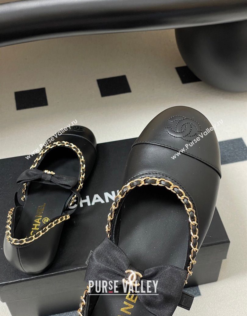 Chanel Lambskin Mary Janes Ballets Flat with Bow and Chain Black 2025 G46701 (MD-251103053)